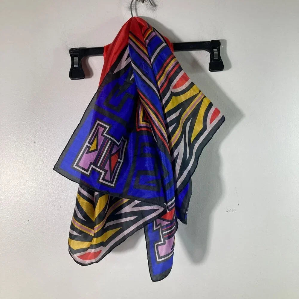 Womens Aztec Shanghai Sunrise Silk Scarf Blue Red Yellow 32 x 33